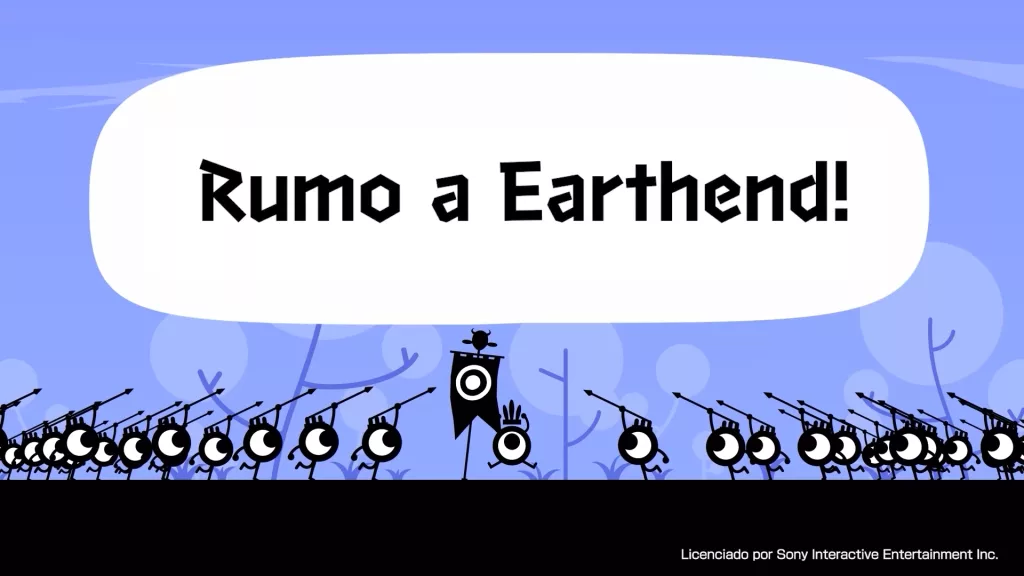 Patapons gritando "Rumo a Earthend!".