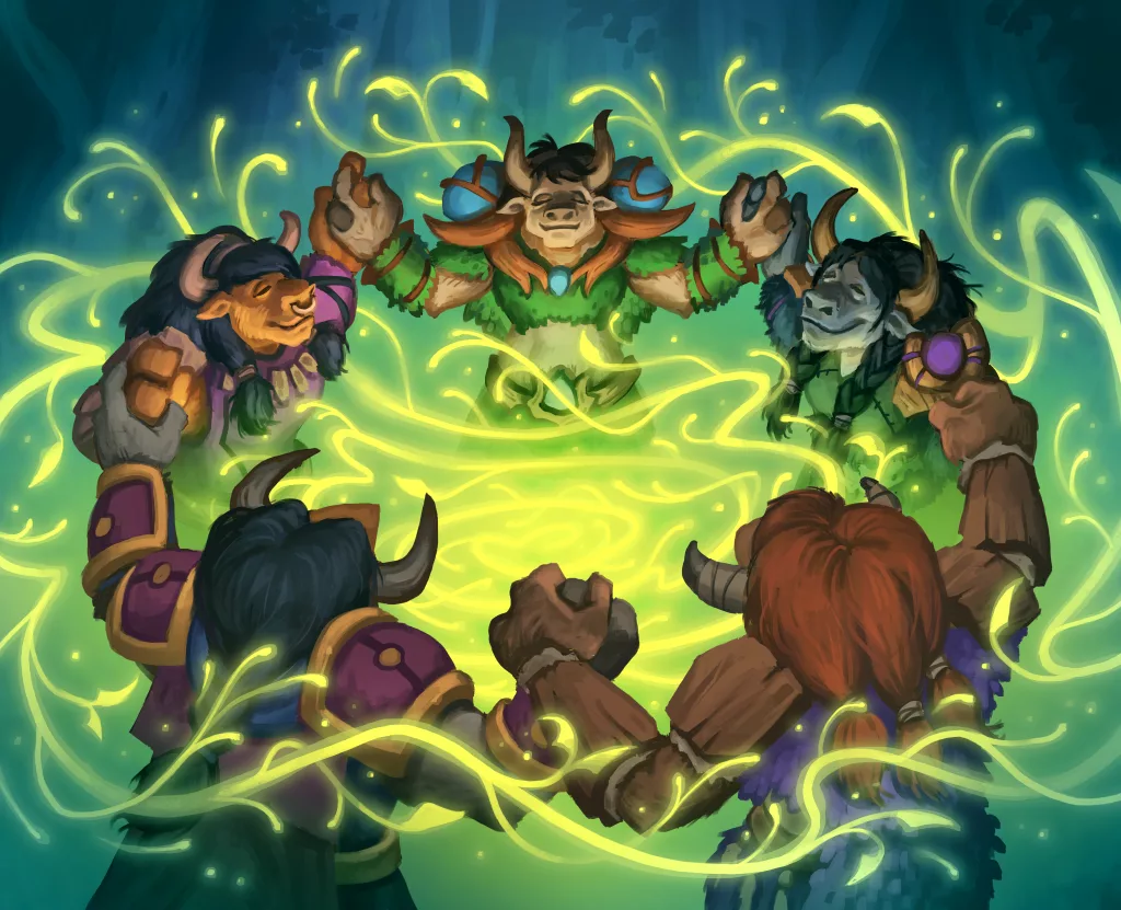 Vários Taurens em círculo invocando energia de cura.