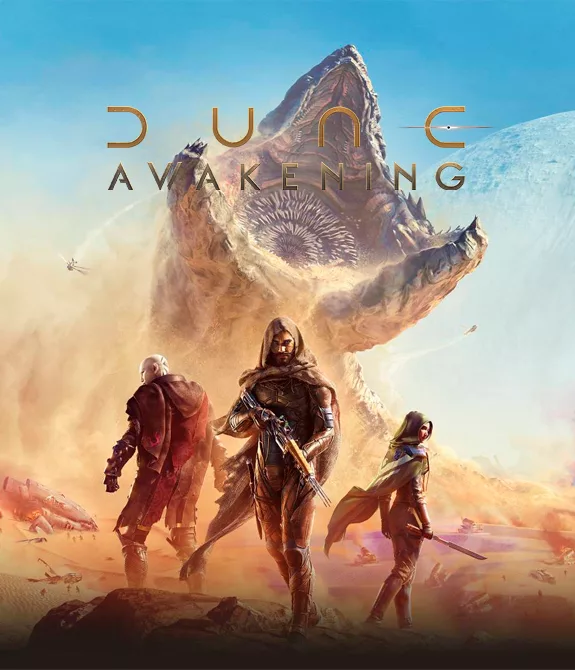 Personagens de Dune: Awakening em Arrakis, junto do monstro da areia.