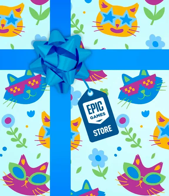 Embrulho de presente com gatinhos de óculos e um laço azul com etiqueta da Epic Games Store.