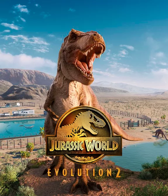 Capa de Jurassic World Evolution 2 com o Tiranossauro Rex em destaque mas com o parque logo atrás com vários outros dinossauros.