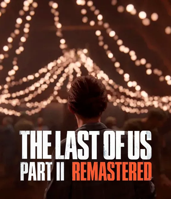 Personagem olhando para um salão iluminado e com pessoas dançando e se divertindo e a logo de The Last of Us Parte II Remastered à frente.
