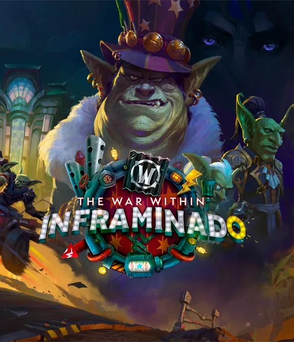Gallywix ao fundo, junto dos seus capangas em Inframina e um olhar misterioso na escuridão em World of Warcraft.