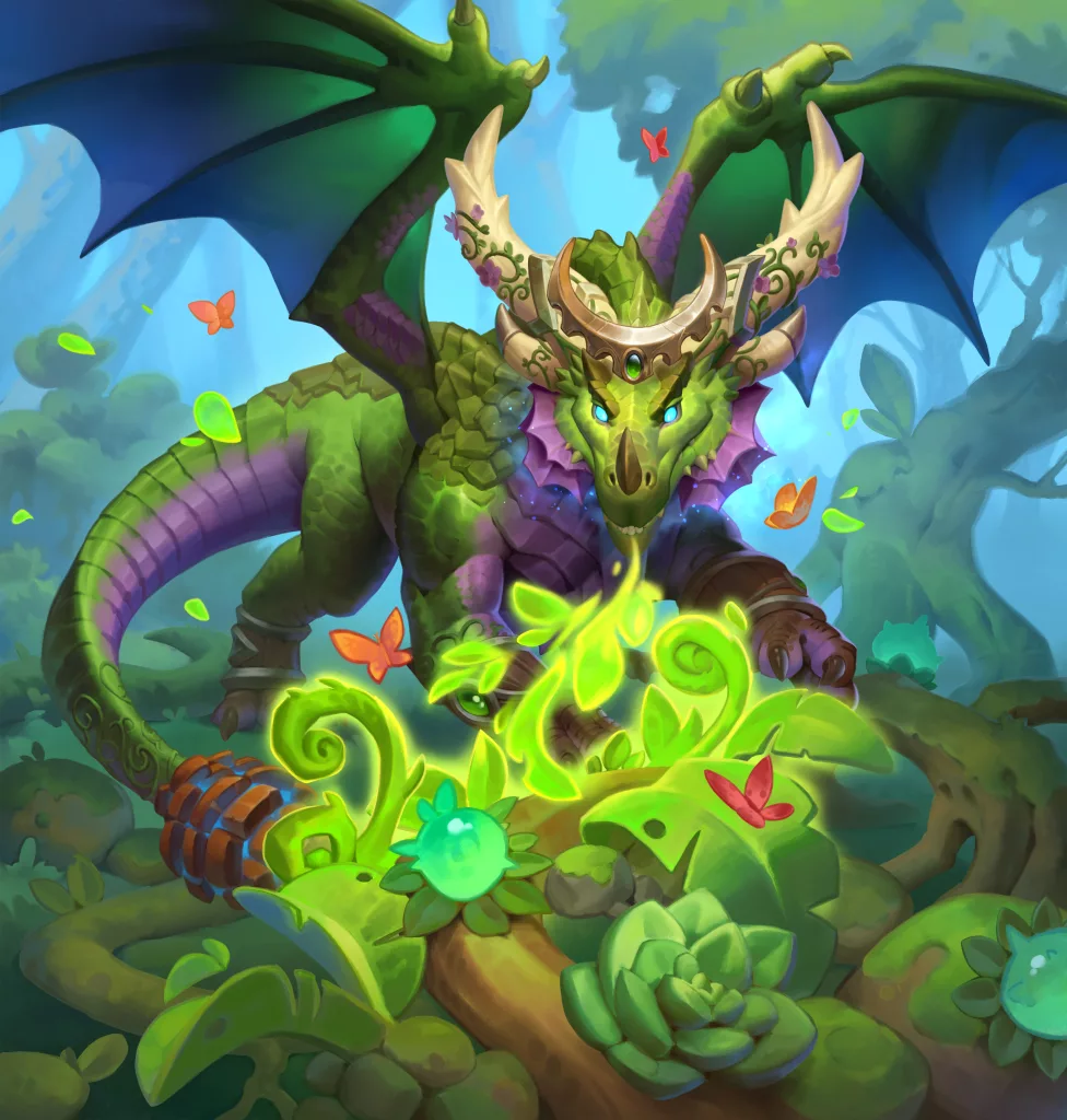 A dragonesa Ysera no seu aspecto Esmeralda, toda verde e voltada a floresta.