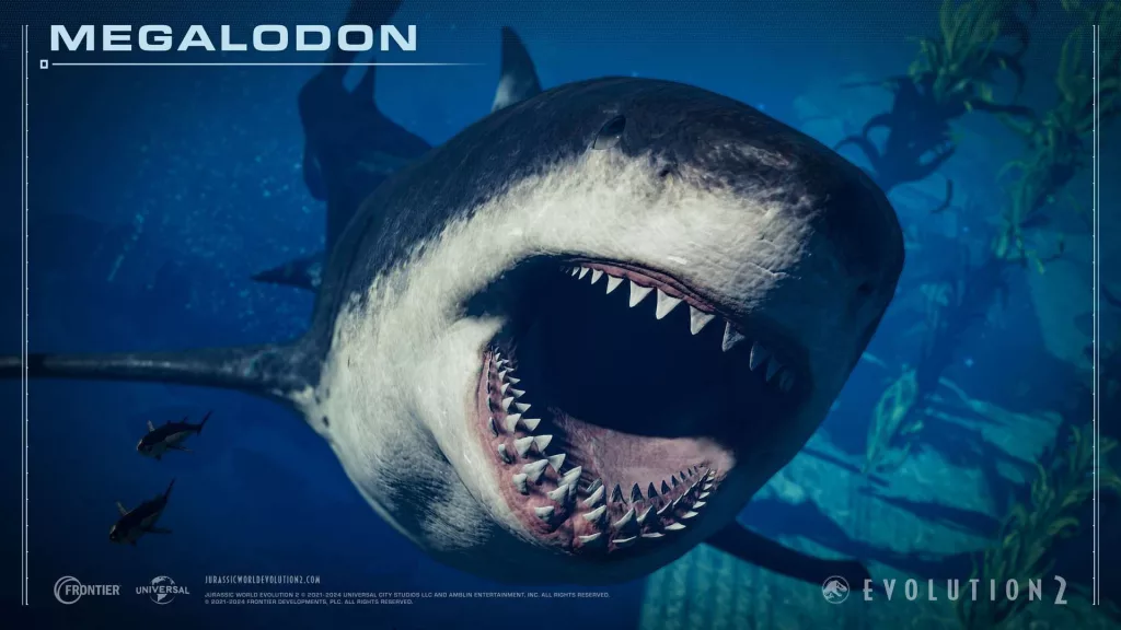 Megalodon indo de encontro a tela com a boca aberta.