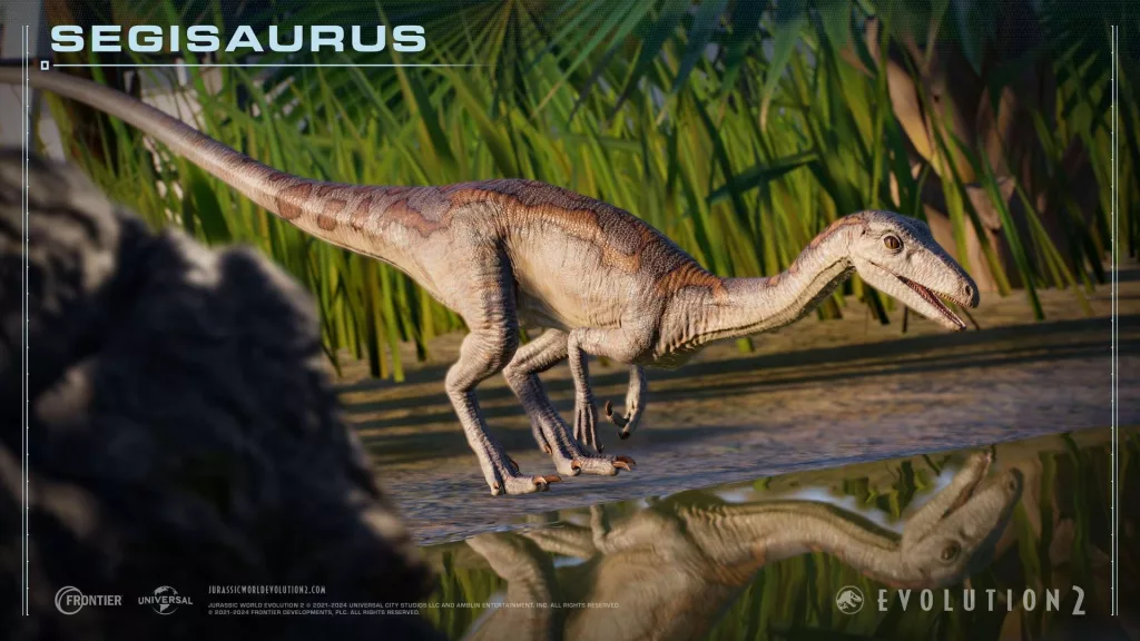 Segisaurus a beira do lago bebendo água.