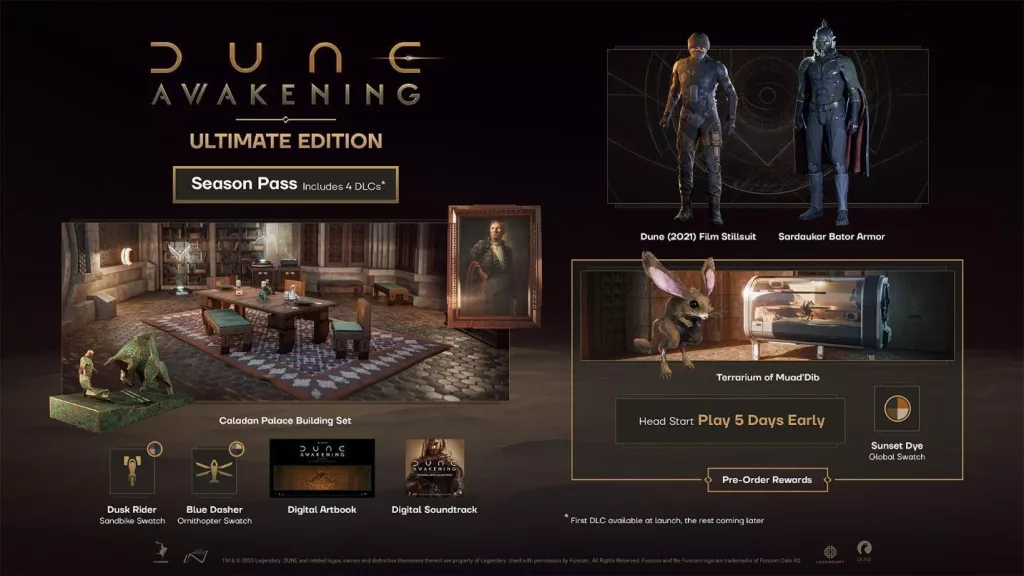 Imagens dos itens de cada uma das edições de Dune: Awakening.