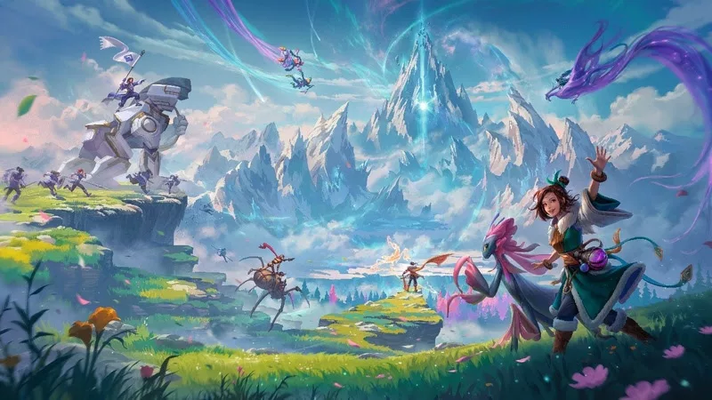 Imagem de Trial By Frost com uma variedade de personagens em um local que muda de um campo verdejante para uma montanha de gelo.