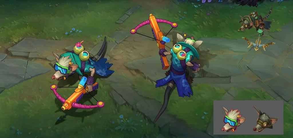 Personagem Twitch com a Skin Curtindo o Verão com tons de azul, verde, laranja e rosa.