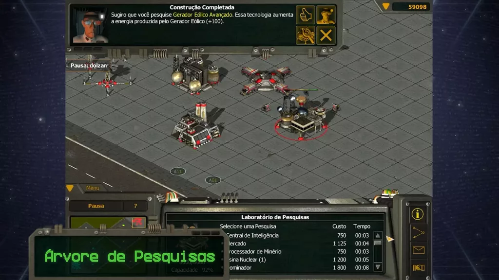 Tela do Jogo Outlive mostrando parte da Árcore de Pesquisas e algumas construções.
