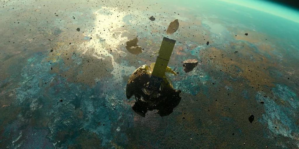O mundo de Tau Ceti IV visto do espaço junto a destroços de uma estação espacial em Marathon.