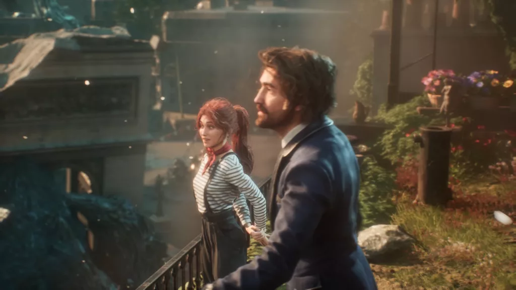 2 personagem em um local florido e com roupas típicas da França.