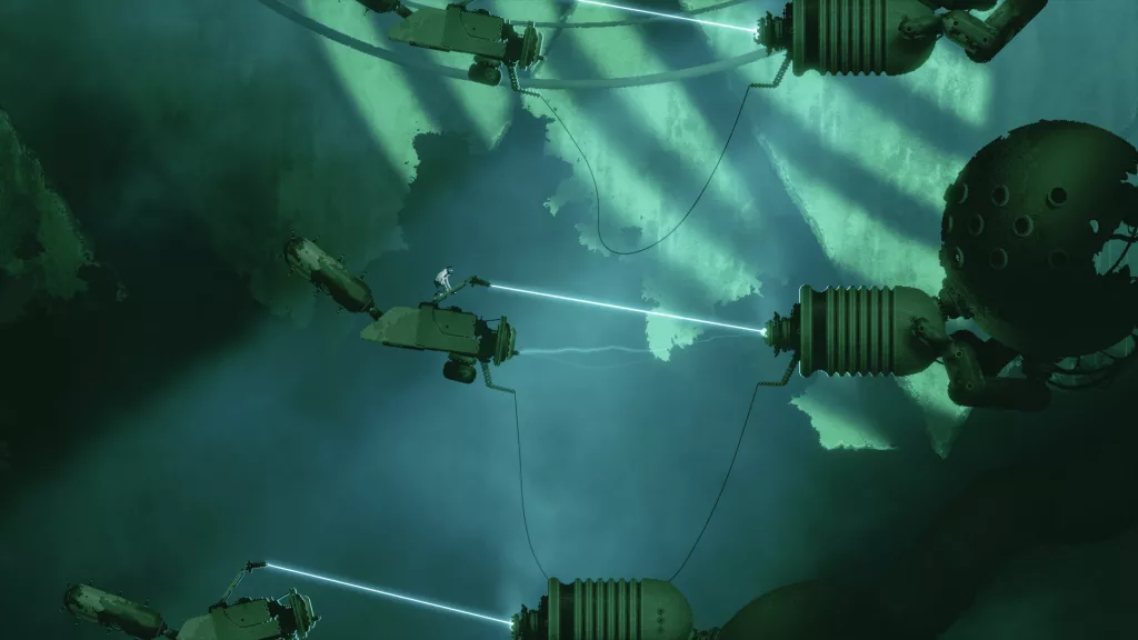 Personagem em uma plataforma de metal e alguns lasers em volta.