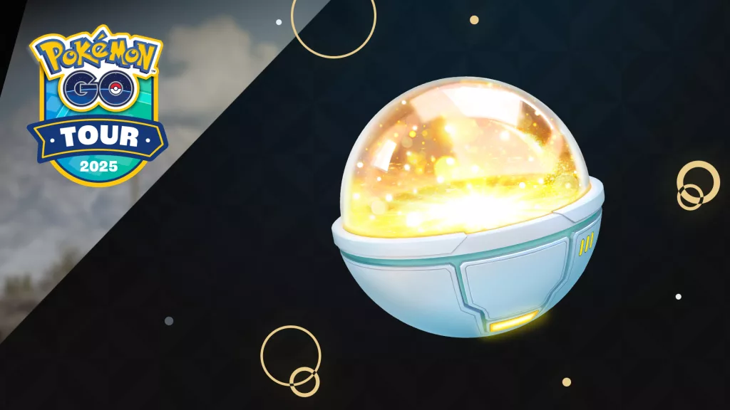 Uma bola dourada com parte inferior de metal ao lado da logo da Pokémon Go Tour.