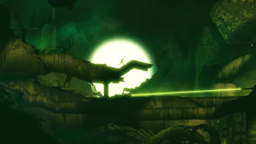Personagem andando por cima de um cano e atrás dele uma iluminação que lembra a lua.