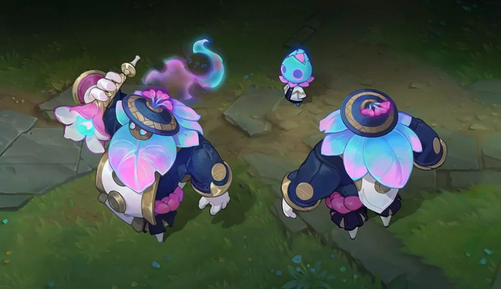 Personagem Bardo com a Skin Florescer Espiritual com tons de azul, rosa e roxo.