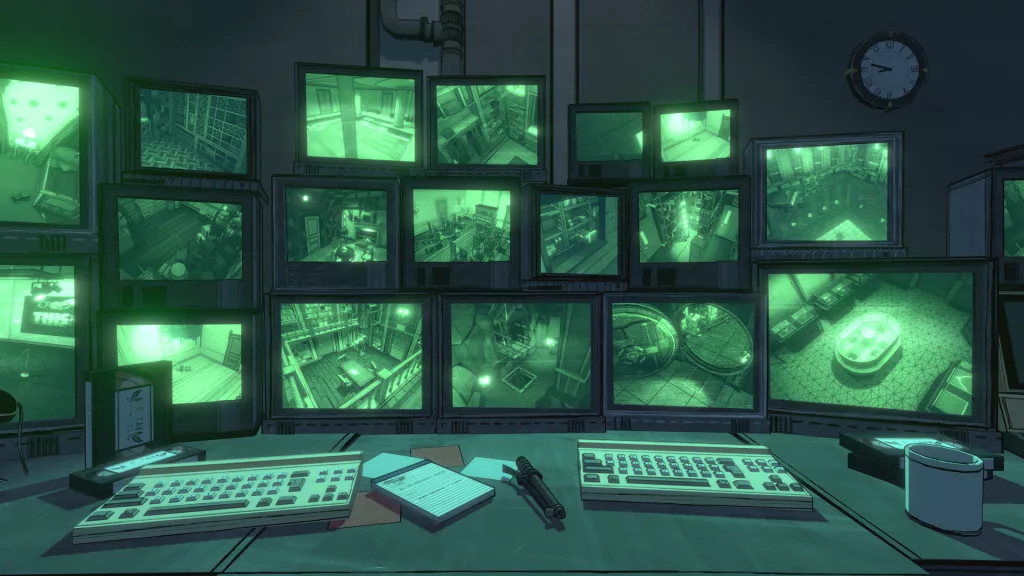 Sala com vários monitores de um sistema de vigilância.