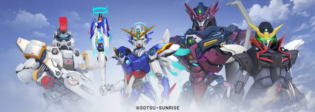Soldado 76, Mercy, Ramattra e Reaper em seus Gundam Suits.