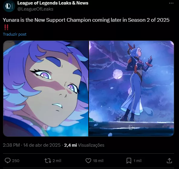 Print do X/Twitter sobre Yunara, nova personagem de lol.