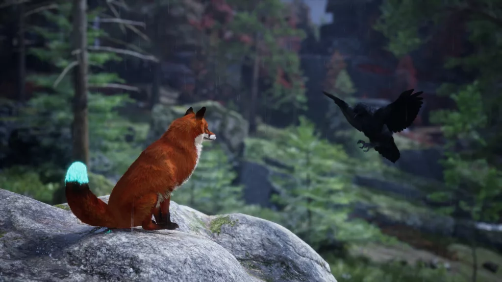 Raposa e Corvo em uma floresta.