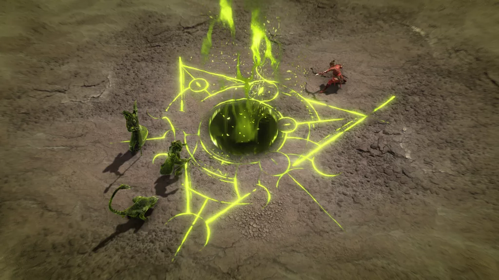 Um triangulo aparece no chão fazendo surgir as ilusões de Belial.