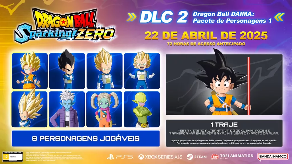 Os 8 novos personagens jogáveis de Dragon Ball: Sparking! Zero e o traje do Goku (mini).