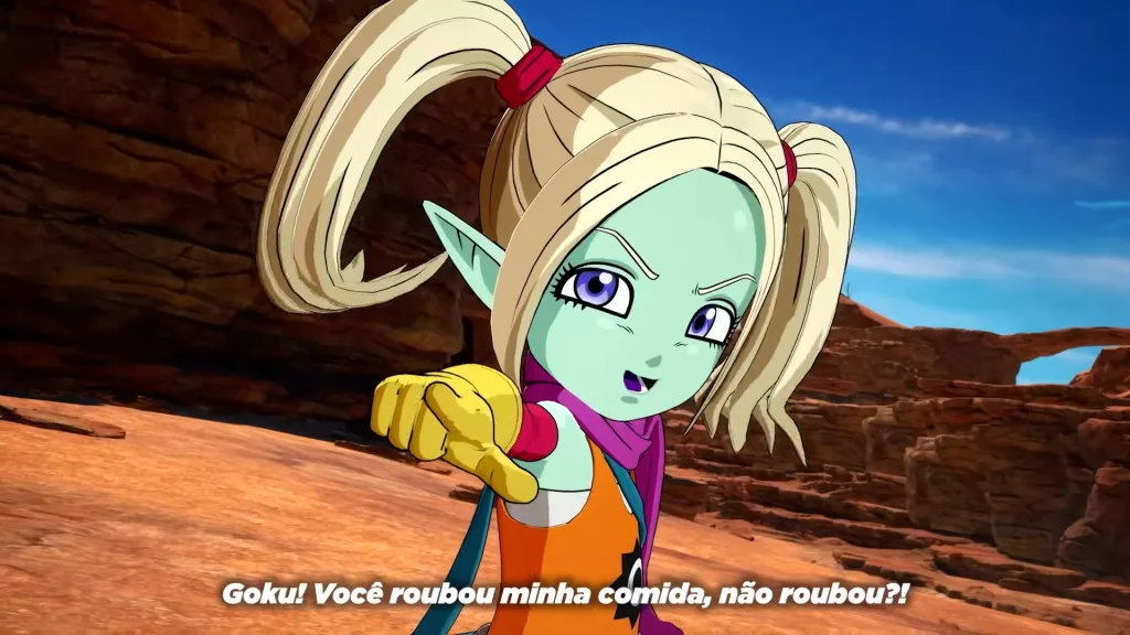 Panzy acusando Goku de ter roubado sua comida.