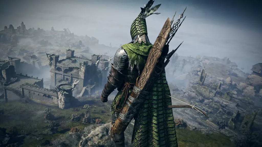 Personagem Olho-de-Ferro de Elden Ring Nightreign de costas olhando para uínas em algum ponto alto do mapa.