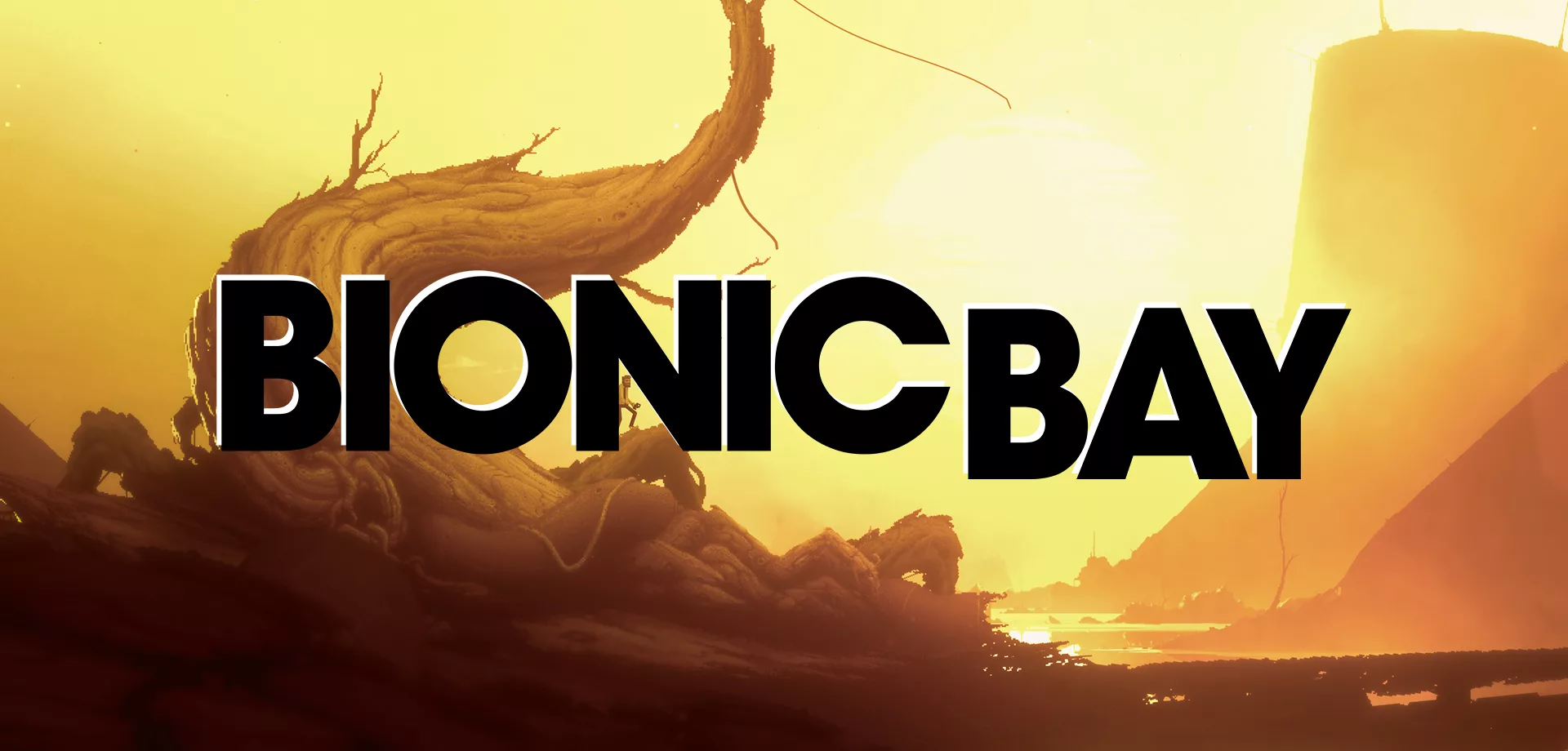 Personagem de Bionic Bay em um tronco de árvore retorcido observando água e o que parece ser uma torre, e a logo do jogo à frente.
