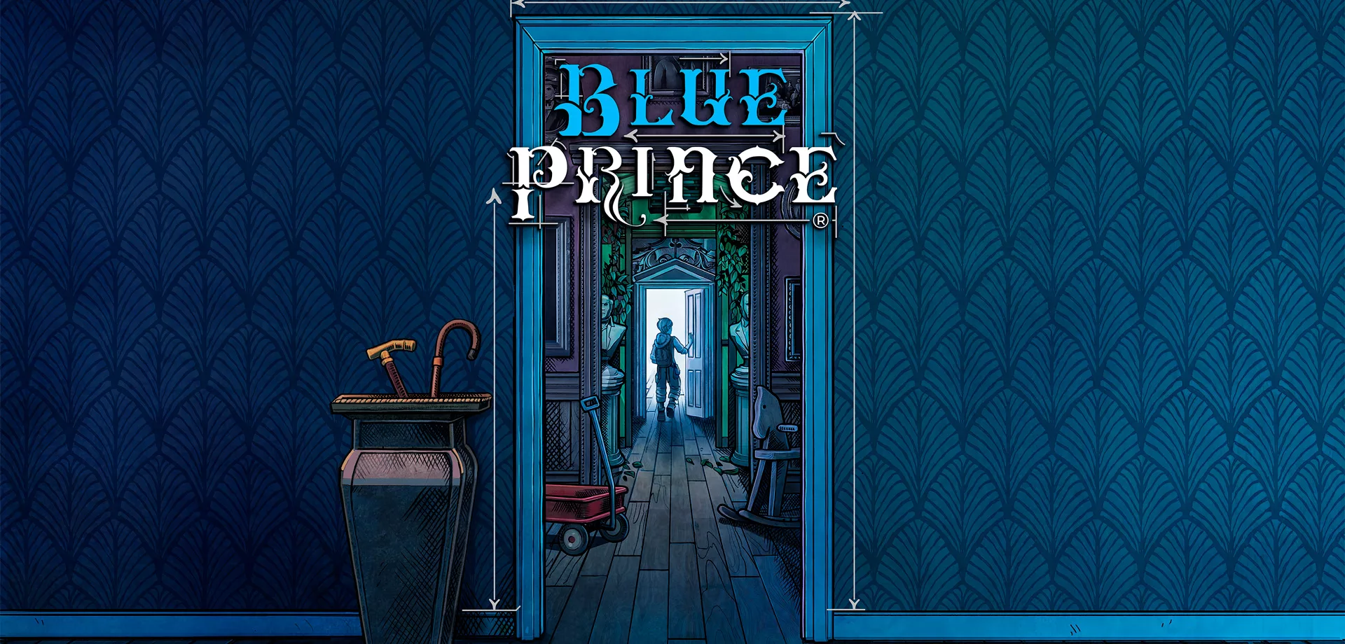 Um corredor com papel de parede azul mostrando uma pessoa por uma porta, atravessando várias portas e salas distintas e a logo de Blue Prince acima.