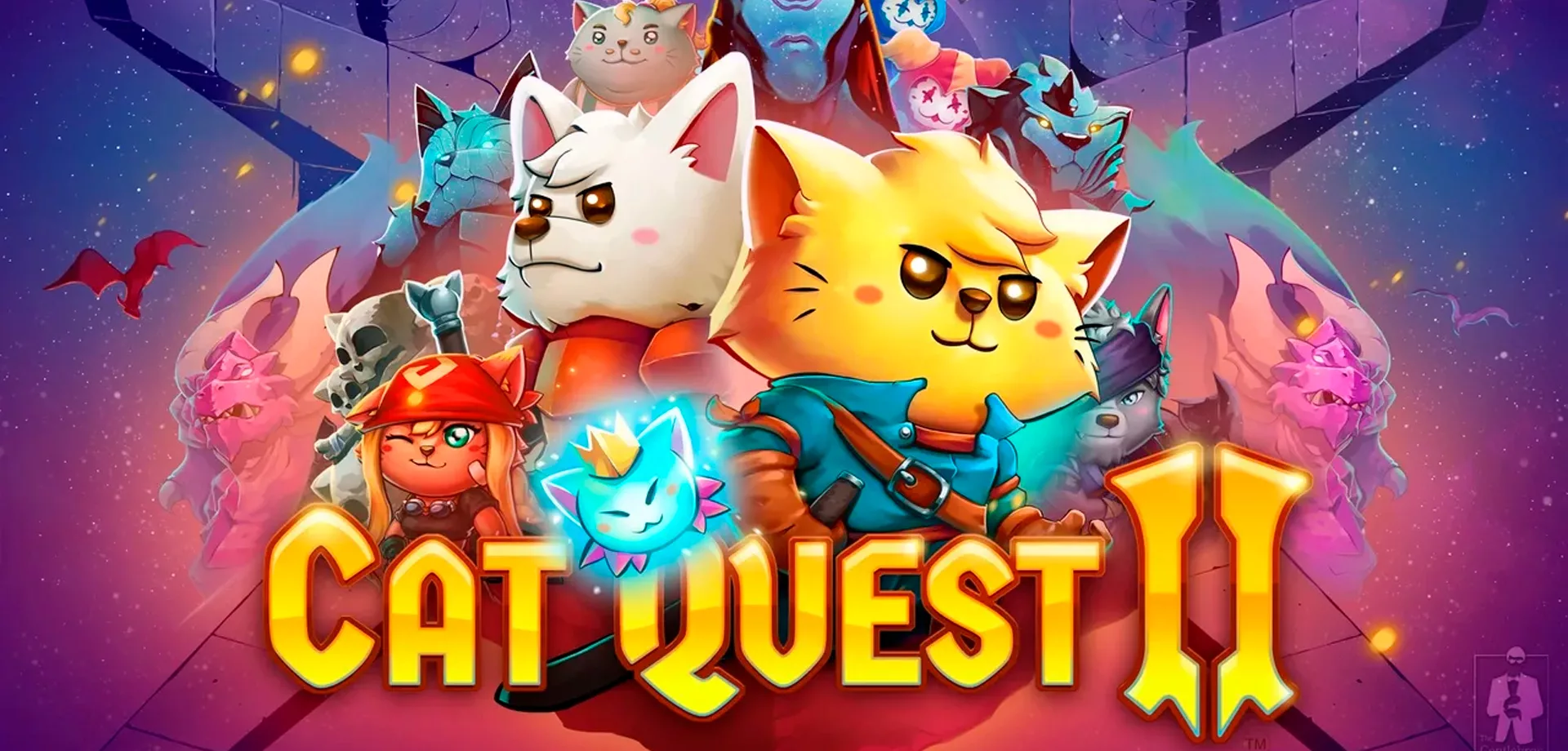 Capa de Cat Quest 2 com o gato e o cachorro protagonistas à frente e vários personagens ao fundo.