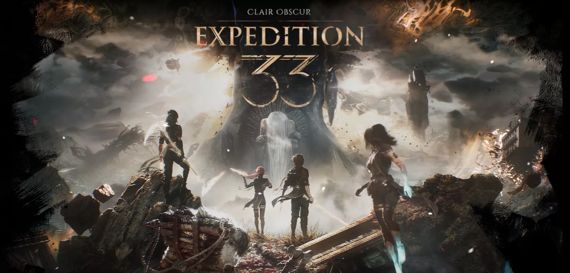 Capa de Clair Obscur Expedition 33 com personagens olhando em direção a numeração e para a Artista.