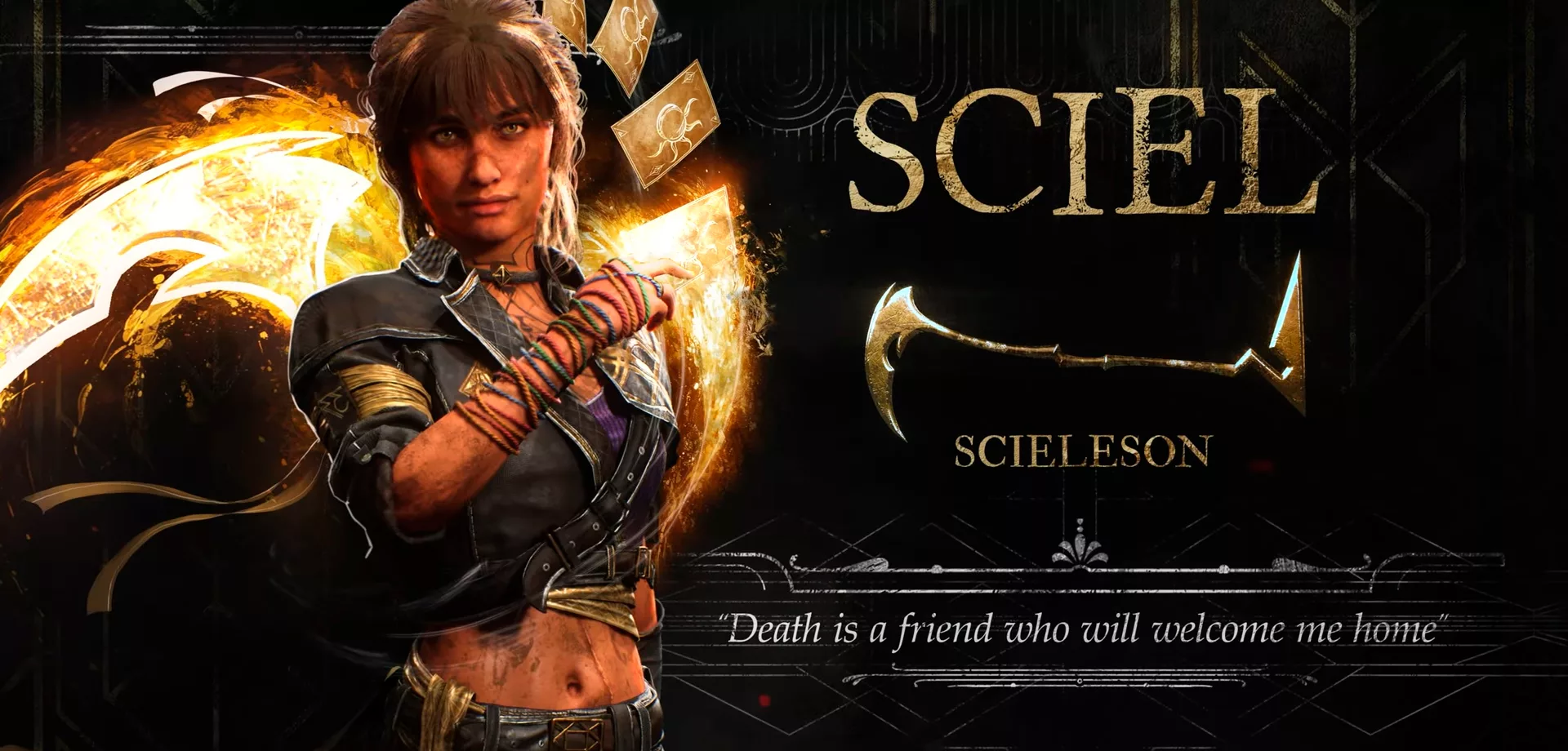 Personagem Sciel de Clair Obscure: Expedition 33, com cartas douradas nas mãos.