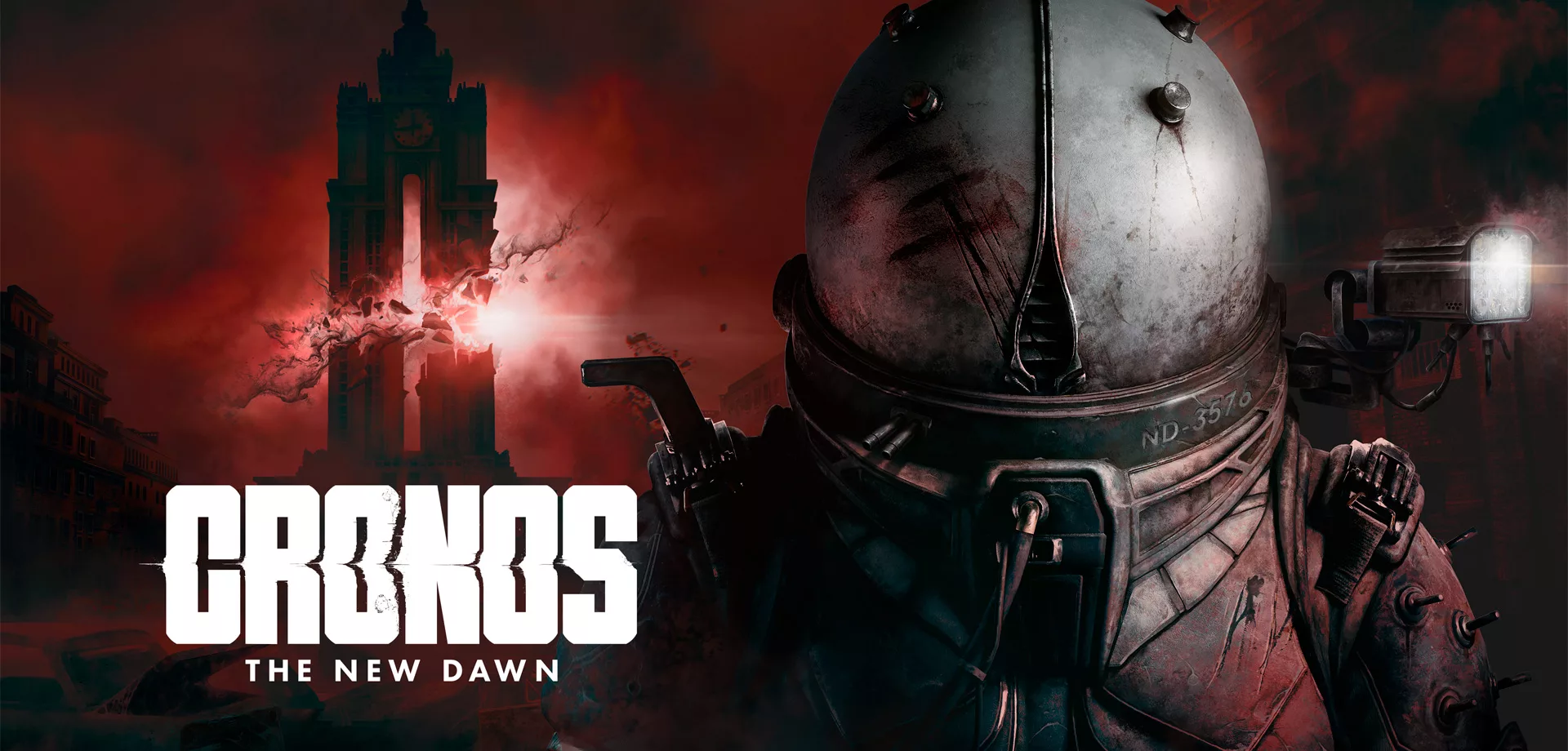 Capa de Cronos The New Dawn com uma torre quebrada iluminada por luz vermelha e ao lado um personagem com uma roupa pesada que lembra um escafandro fechado.