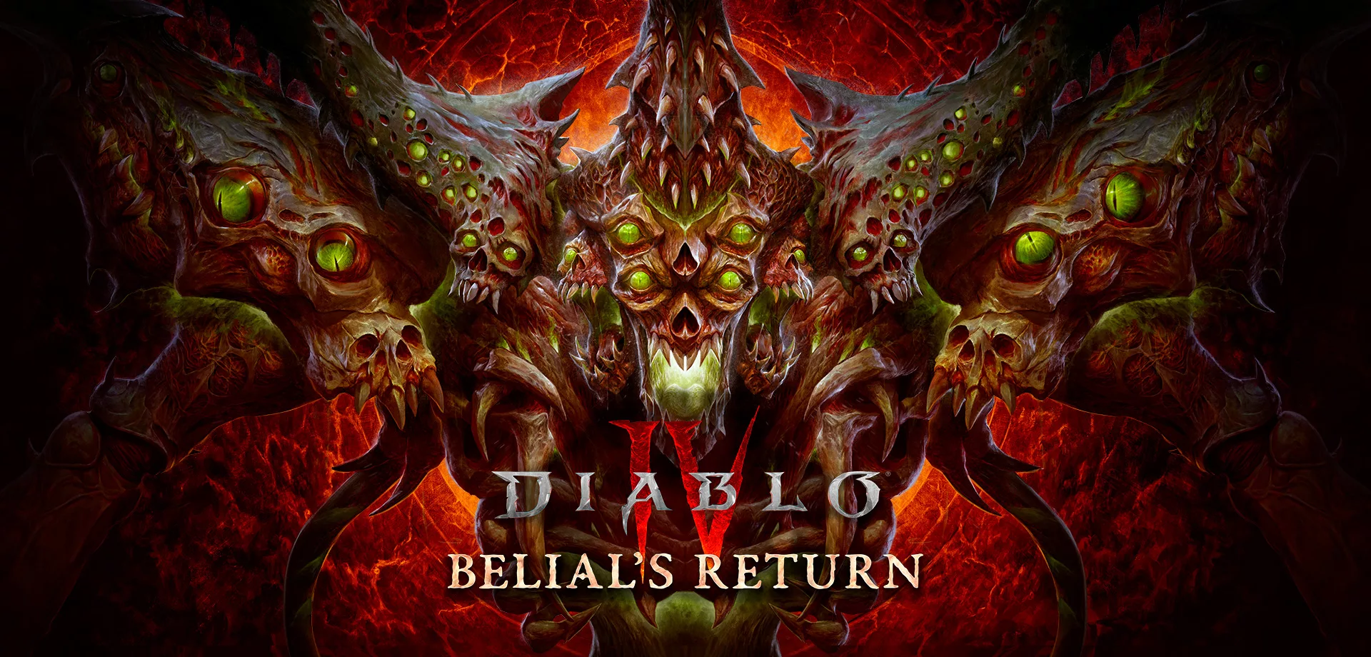 Capa de Diablo IV Retorno de Belial com o próprio Belial e seus vários olhos ocupando a imagem inteira.