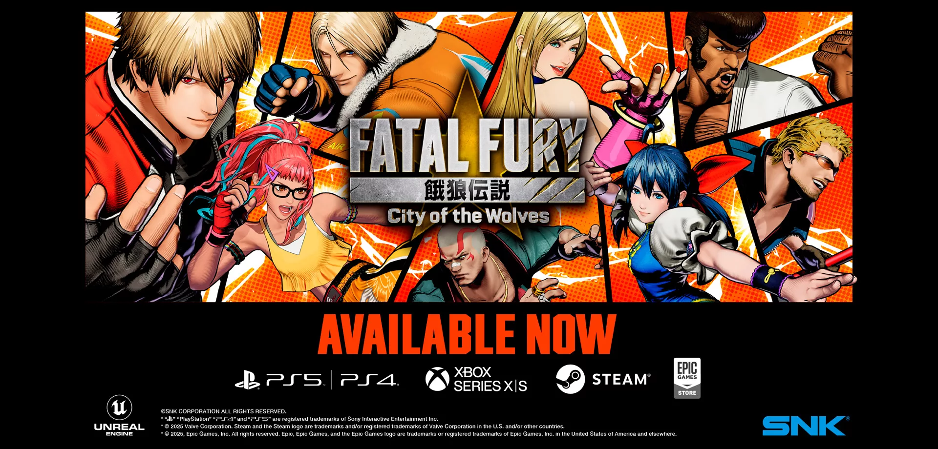 Capa de Fatal Fury: City of the Wolves, com várias personagens em um vitral.