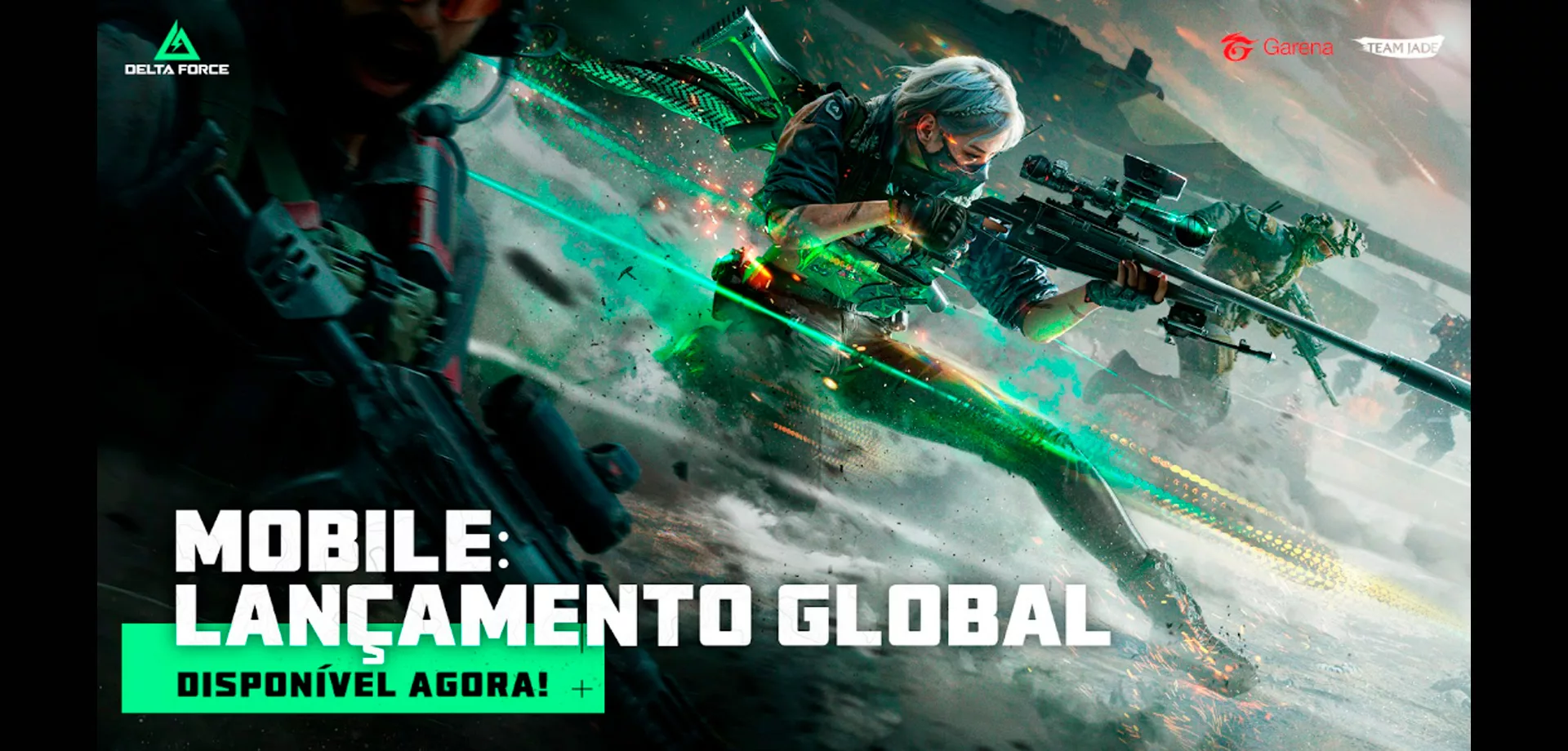 Imagem de lançamento do Garena Delta Force Mobile com 3 operadores armados olhando para a direita da tela em posição de ataque.