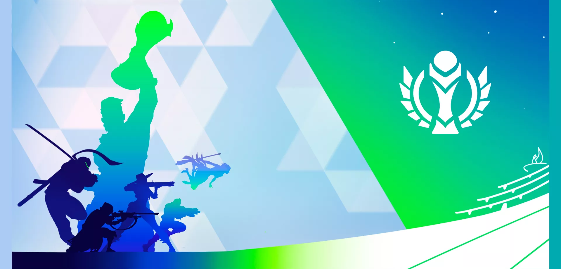 Imagem como de um poster com a silhueta de vários heróis de Overwatch 2 e a logo do Estádio com uma taça de campeão.