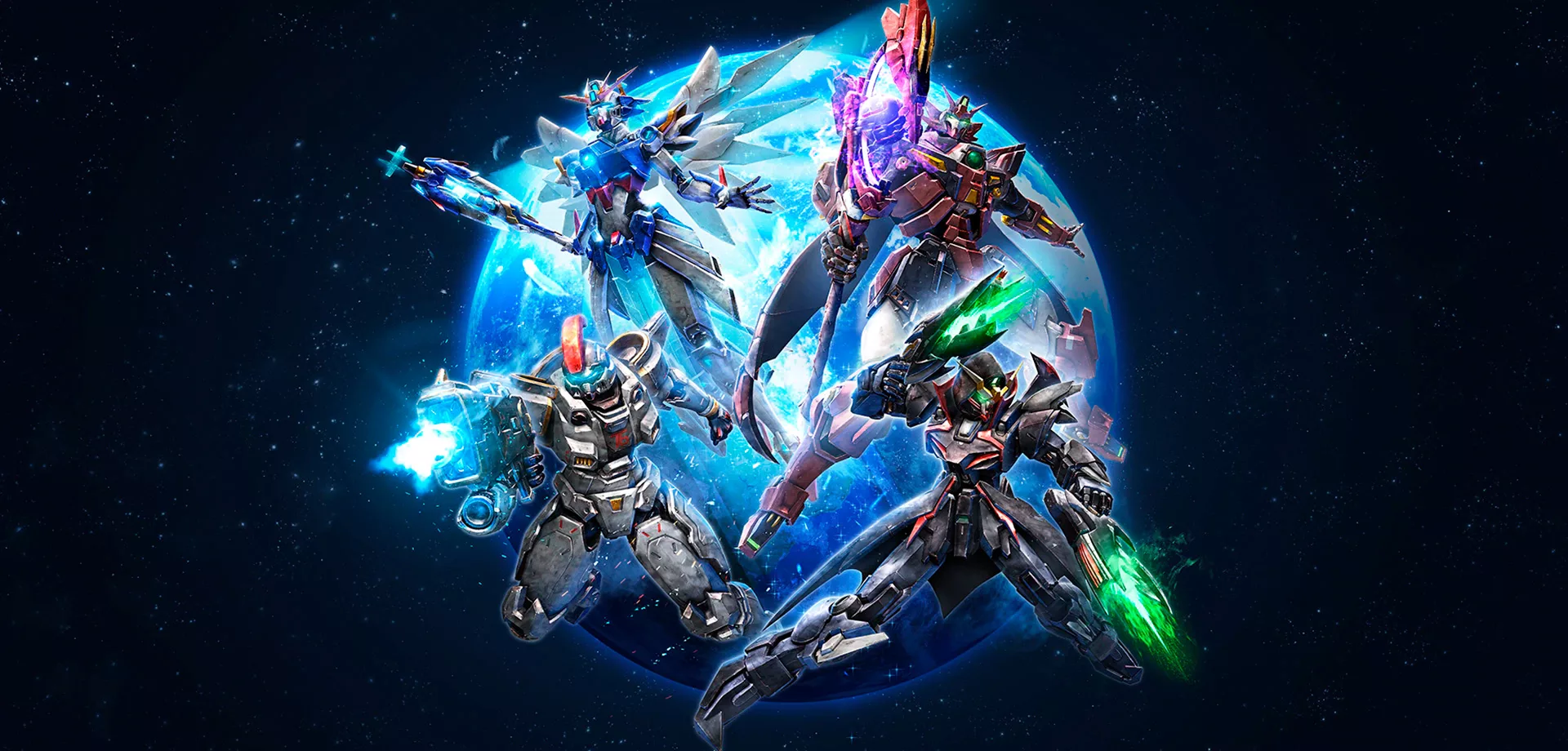 Overwatch 2 e Gundam - Imagem é a parceria entre grandes empresas com 4 Heróis e seus trajes no espaço.