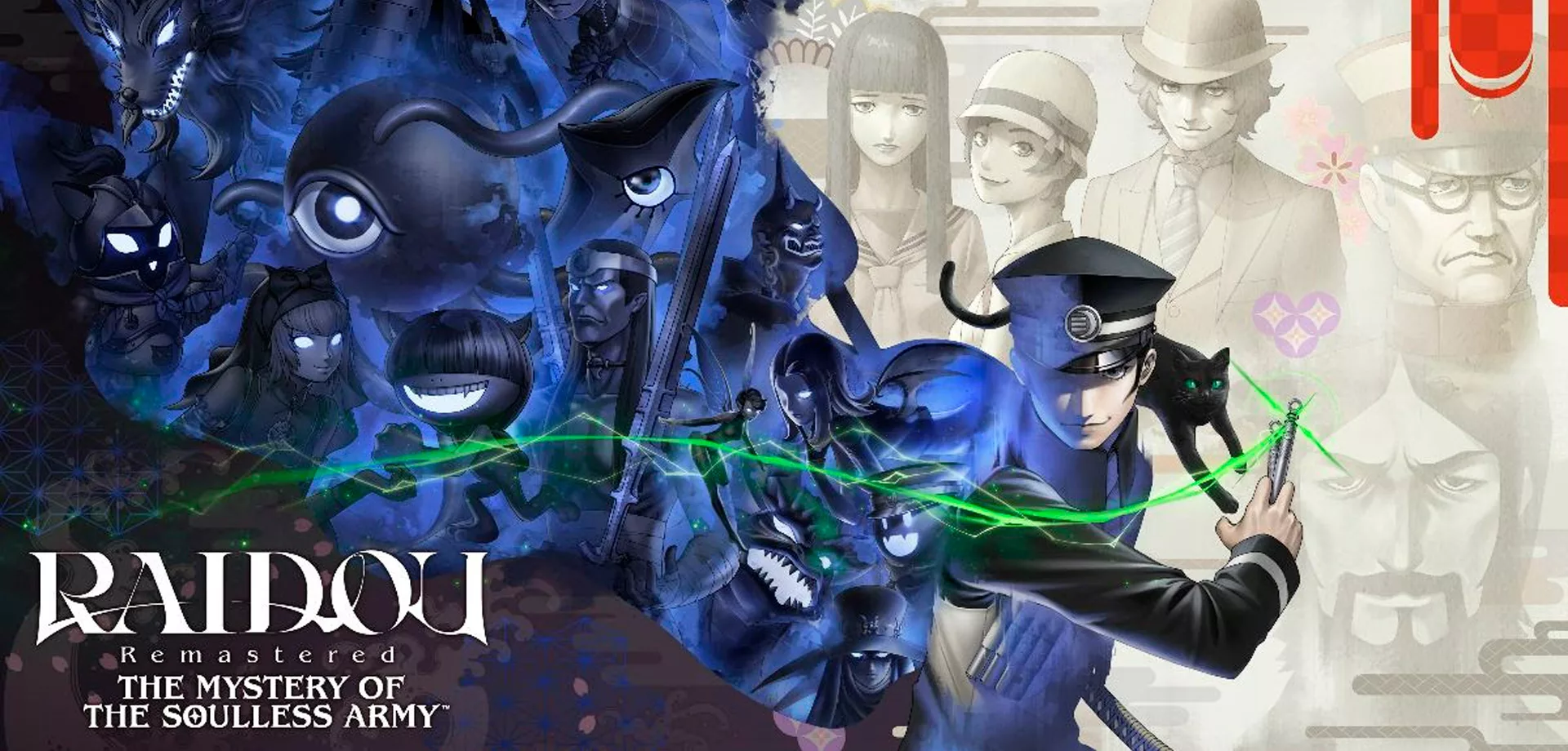 Imagem de Raidou Remastered com personagens à direita e monstros à esquerda.