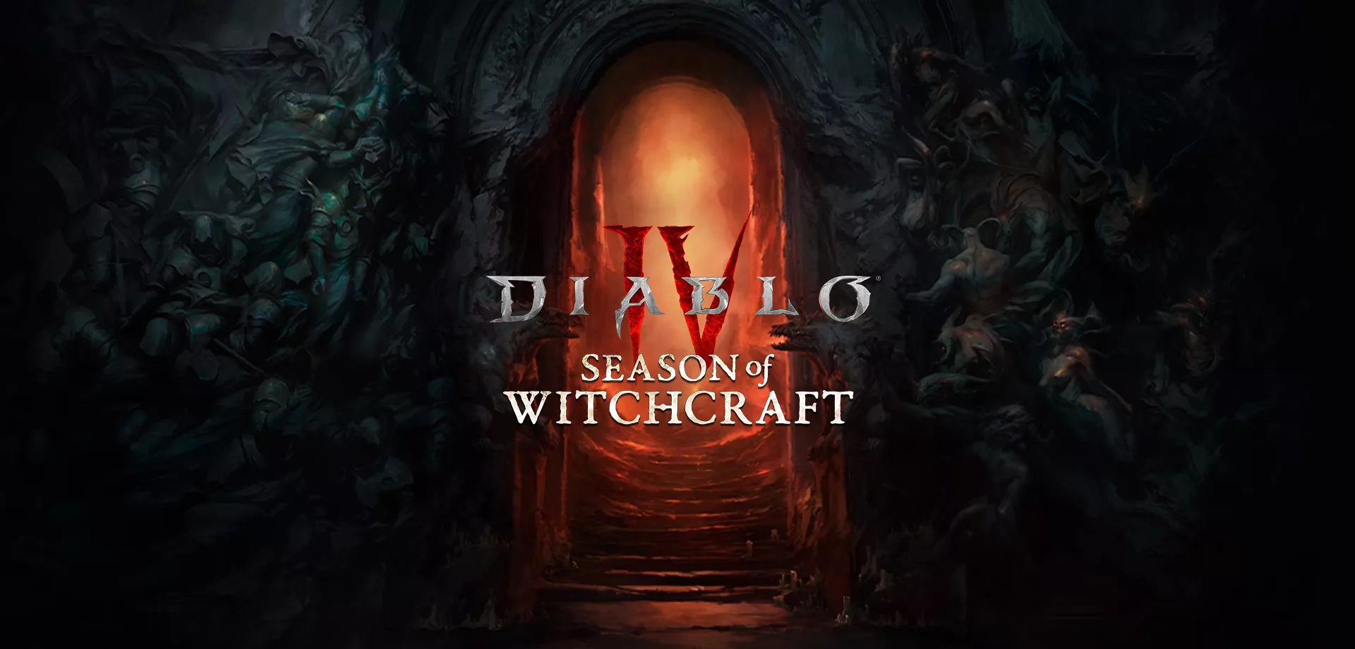 Um entrada em uma parede de pedra com luz de fogo saindo de lá e a logo de Diablo IV Temporada da Bruxaria.