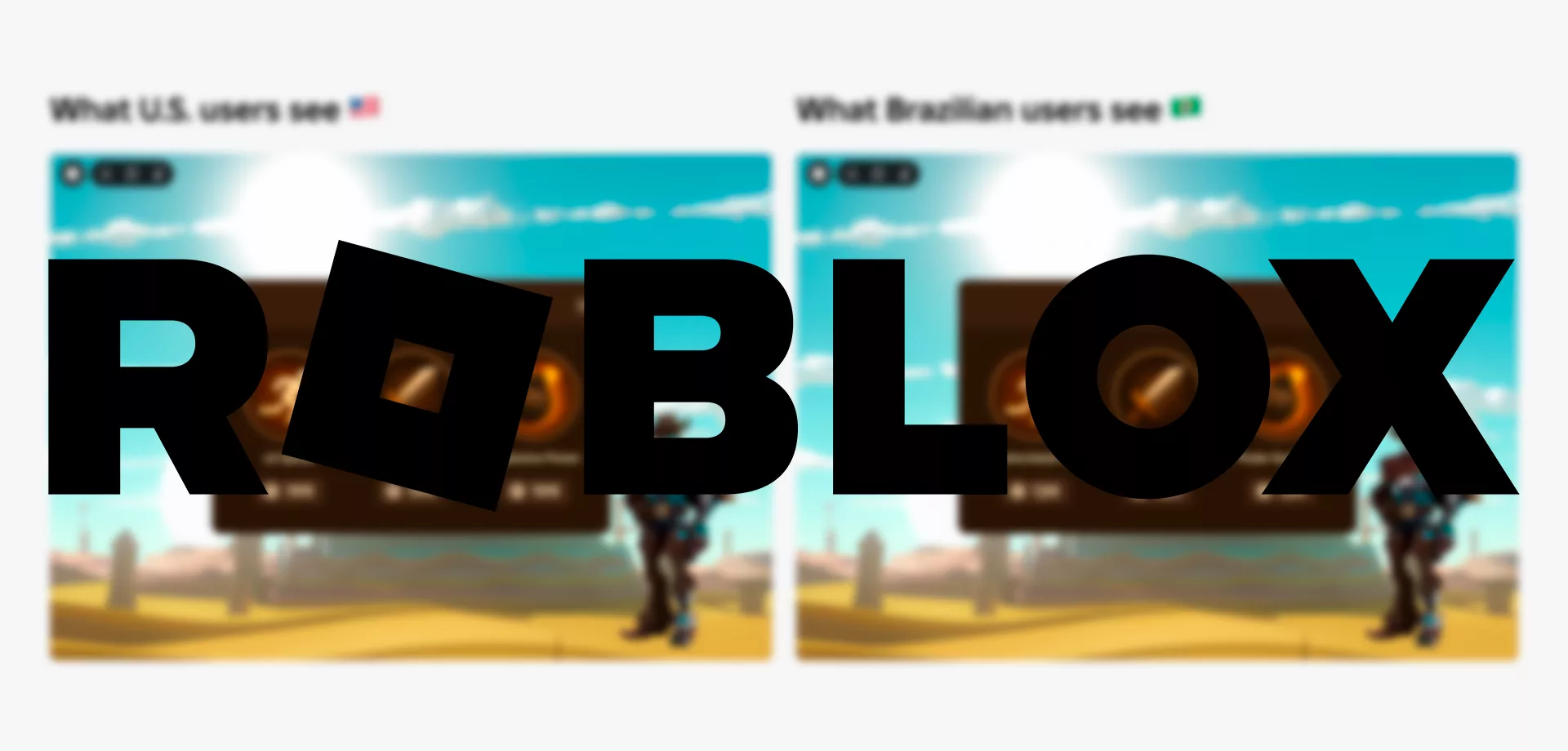 Tela com diferença de preços regionais borrada e a logo de Roblox à frente.