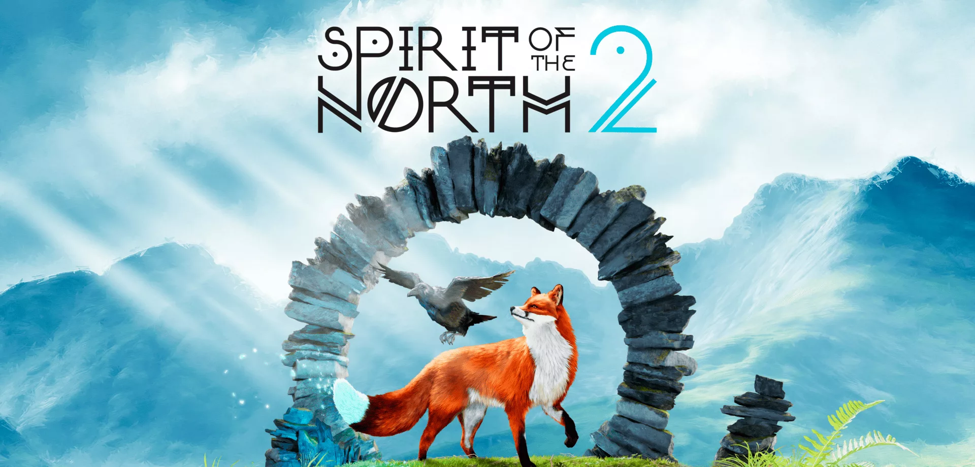 Capa de Spirit of the North 2 com a raposa e o corvo dentro de um portal de pedras que está em um gramado.