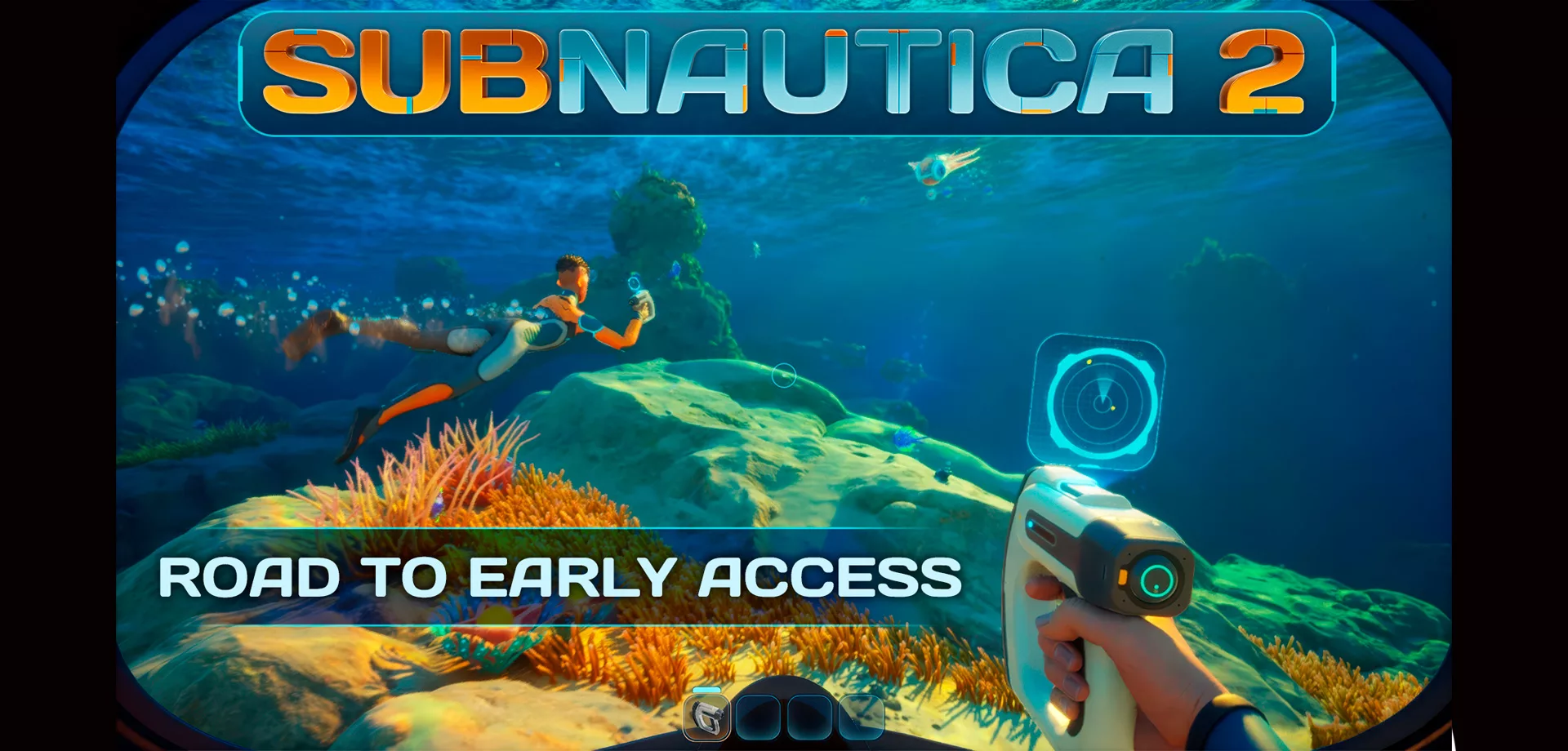 2 pessoas mergulhando no fundo do mar com aparelhos que possuem radares e a logo de Subnautica 2