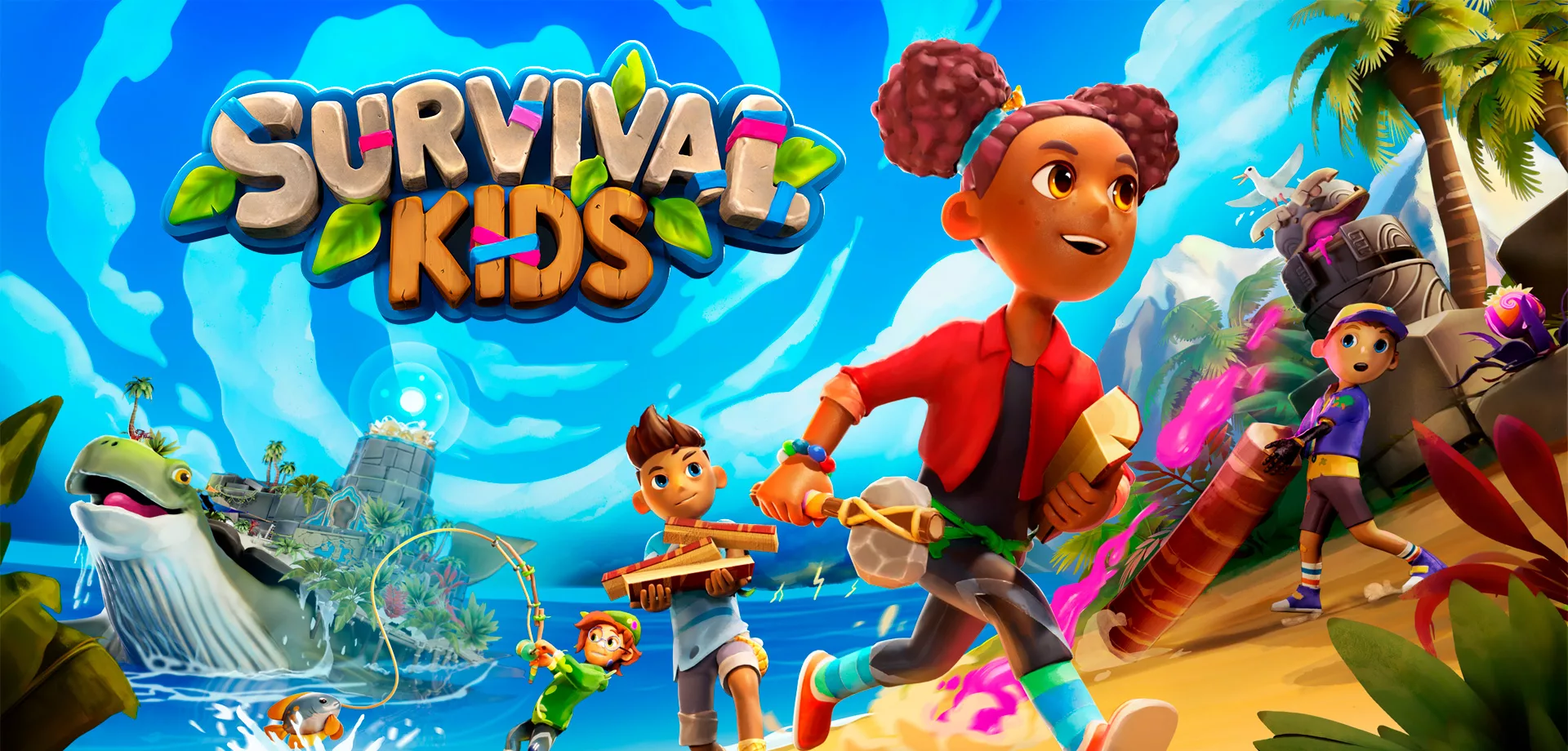 Capa de Survival Kids com as 4 crianças fazendo tarefas e um Whurtle olhando pra elas e sorrindo de longe.