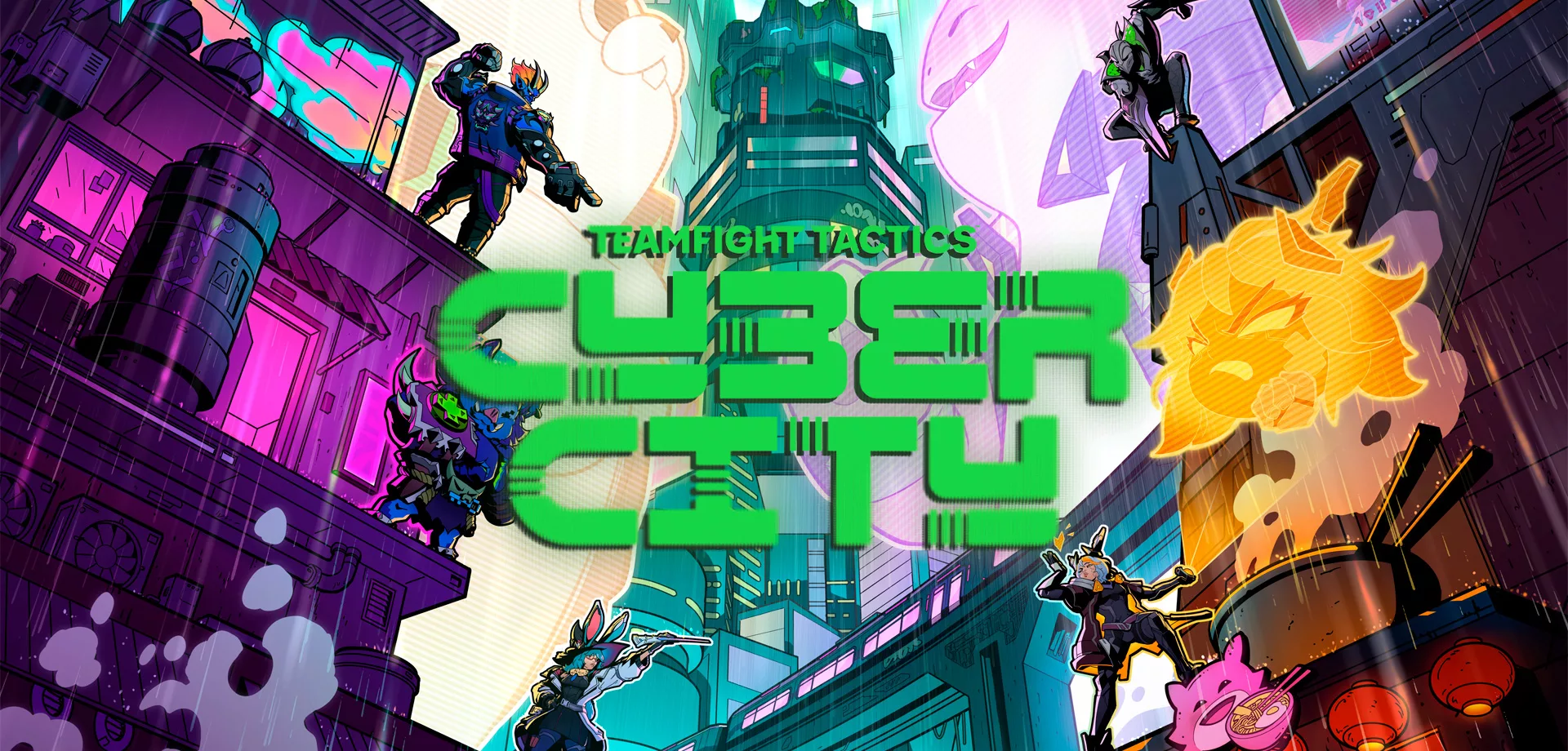 Teamfight Tactics Cidade Cibernética e sua capa em uma cidade com muito neon e Fumaça.