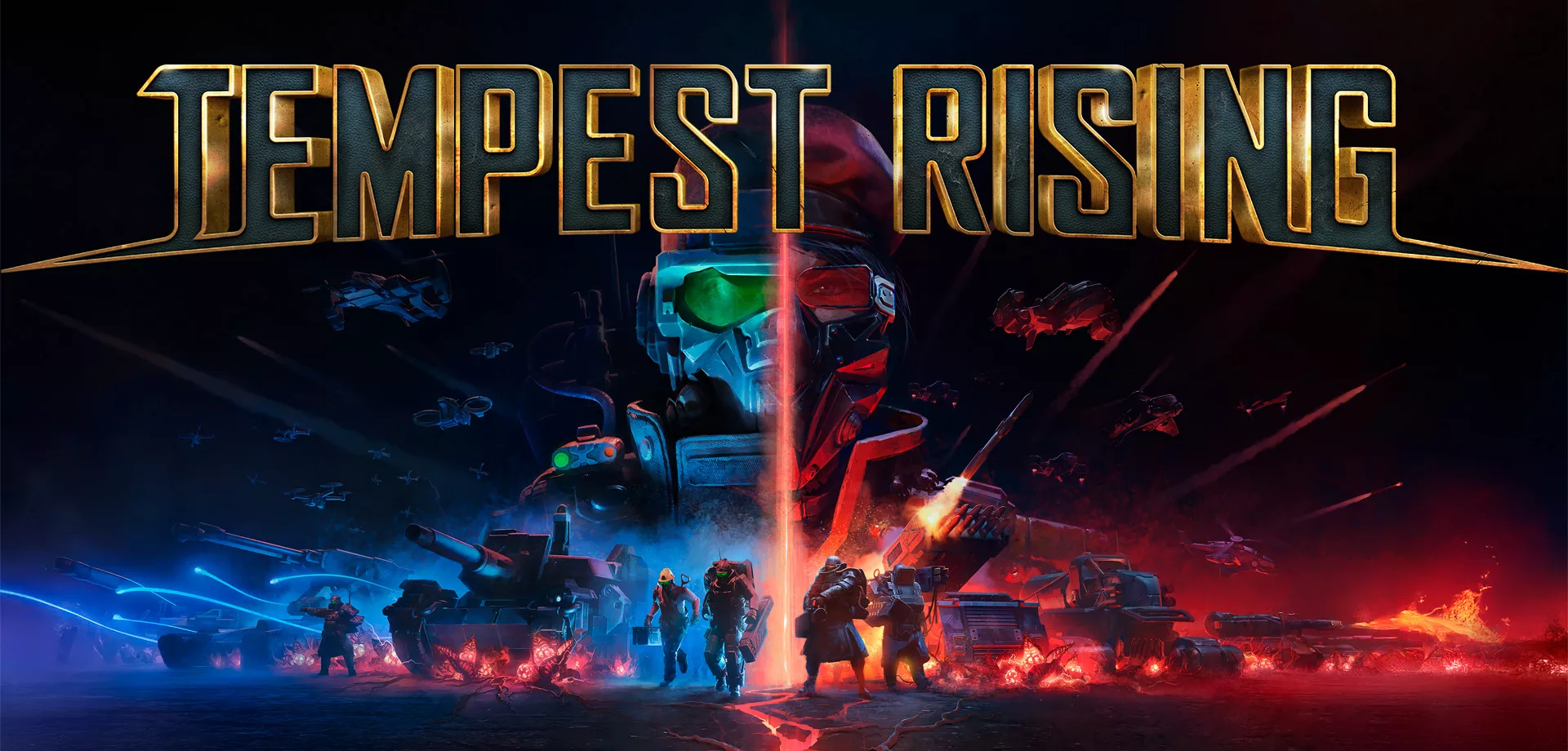 Logo de Tempest Rising com as duas facções representadas meio a meio na imagem.
