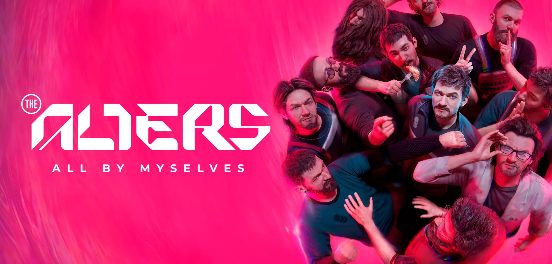 Fundo toda rosa, várias versões de Jan à direita e a logo de The Alters a esquerda.
