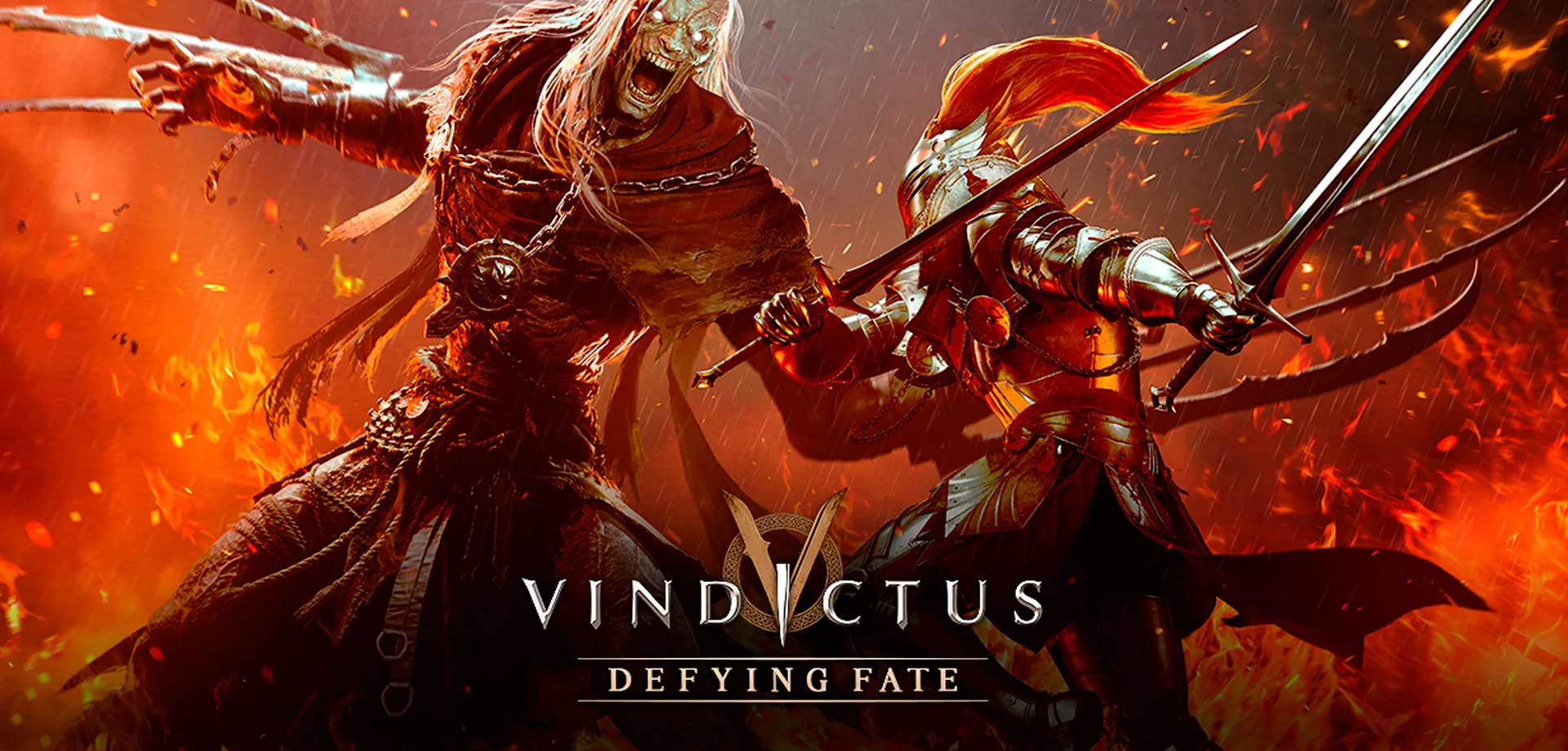 Um monstro humanoide e a personagem protagonista lutando em um local com fogo e a logo de Vindictus Defying Fate à frente.