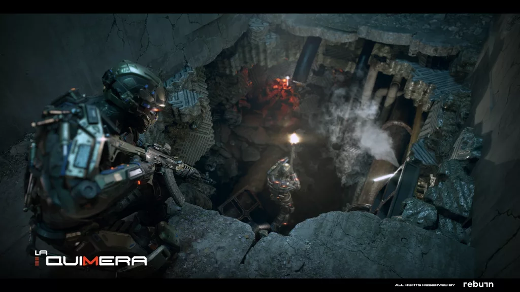 Soldado com Exotraje observando companheiro do andar de cima, fazendo a primeira entrada contra inimigos.